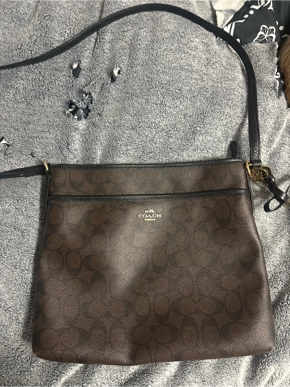 Coach Brown Logo-Print Crossbody Bag with Dark Brown Strap